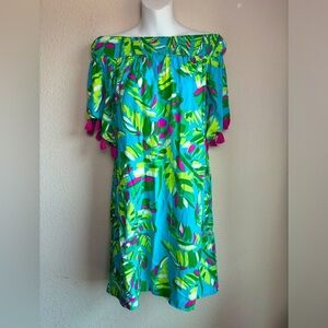 NWT Escapada Living Multi Tropical Tasseled Off The Shoulder Kaftan Dress XS